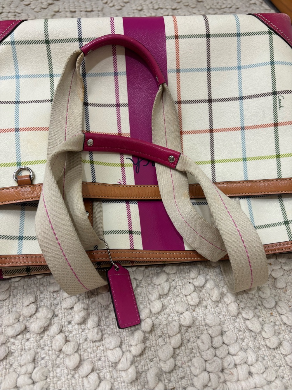Coach Cream Plaid Canvas Tote with Pink Center Stripe and Tan Trim - Picture 7 of 14